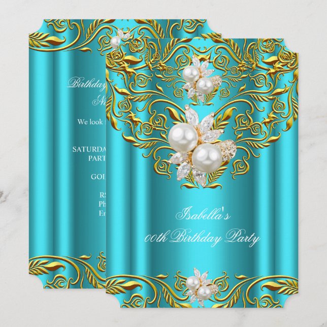 Invitation Royal Gold sur Turquoise Pearl Élégante fête d'ann (Devant / Derrière)