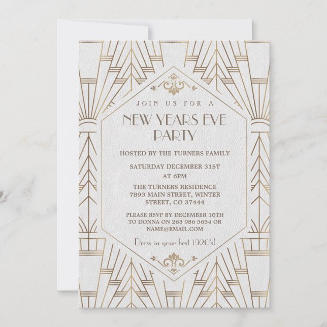 Invitation Royal Gold White Great Gatsby 1920's New Year Part (Devant)