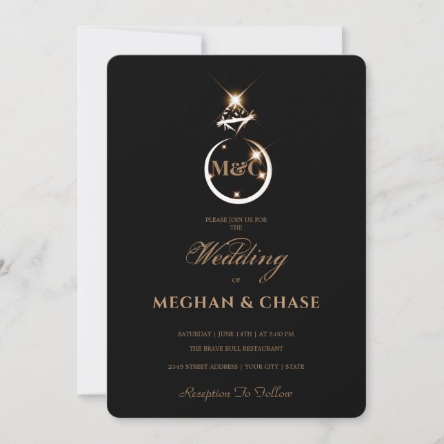 Invitation Royal Golden Diamond Ring Monogramme Mariage noir (Devant)