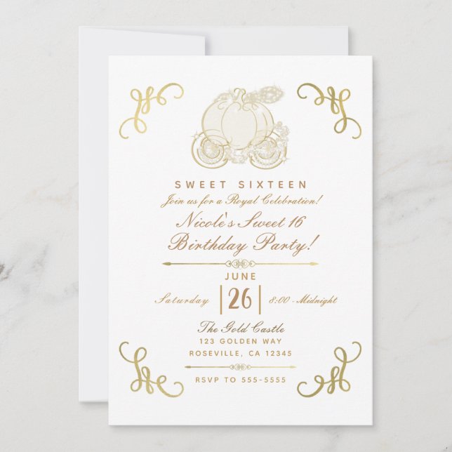 Invitation Royal Golden Gold Citrouille Carriage Sweet 16 Par (Devant)