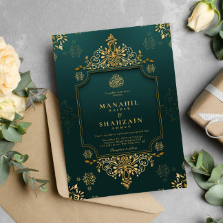Invitation Royal Green I Gold Floral QR Code Mariage musulman