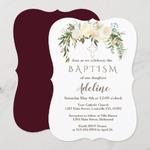 Invitation Royal Ivory Floral Burgundy Baptism Invite