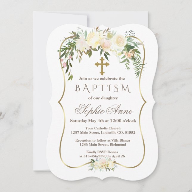 Invitation Royal Ivory Floral Or Bourgogne Baptême (Devant)
