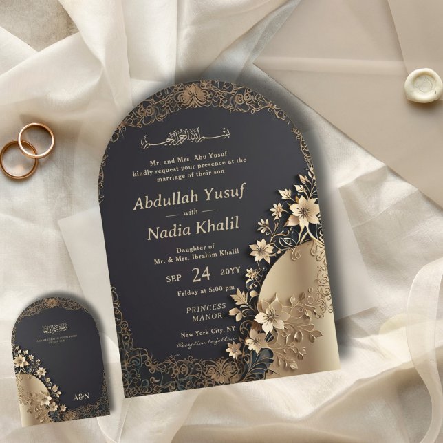 Invitation Royal Luxural Golden Floral Mariage d'arc islamiqu (Créateur téléchargé)