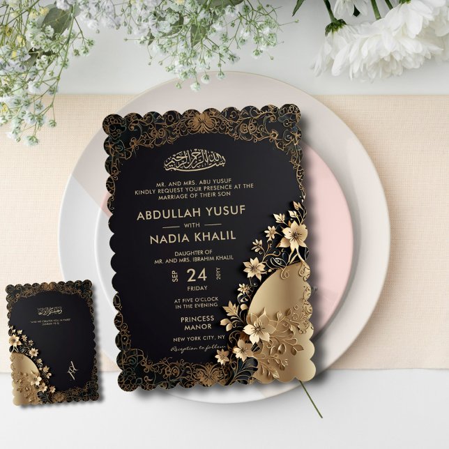 Invitation Royal & Luxural Golden Floral Mariage islamique (Créateur téléchargé)