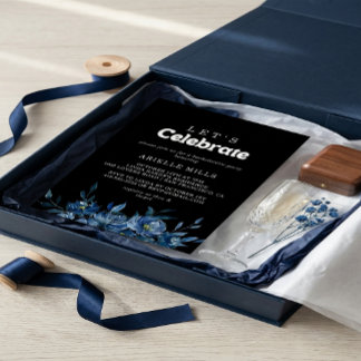Invitation Royal Navy Blue Floral Let's Celebrate Party