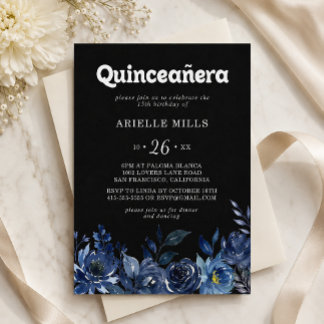 Invitation Royal Navy Blue Floral Quinceañera