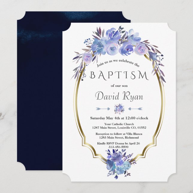 Invitation Royal Navy Blue Gold Blue Floral Boy Baptême (Devant / Derrière)