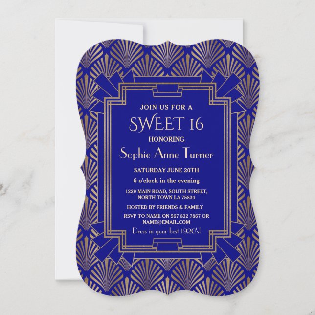 Invitation Royal Navy Blue Gold Great Gatsby Art déc SWEET 16 (Devant)