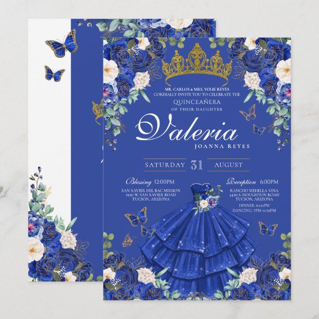 Invitation Royal Navy Blue Rose Butterfly Princess Anniversai (Devant / Derrière)