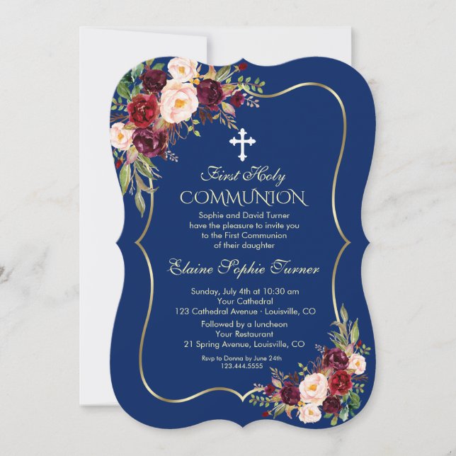 Invitation Royal Navy Bourgogne Floral Gold Première communio (Devant)