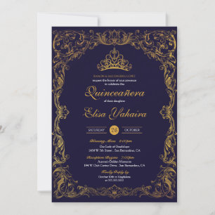 Invitation Royal Ornamental Gold Blue Crown Storybook