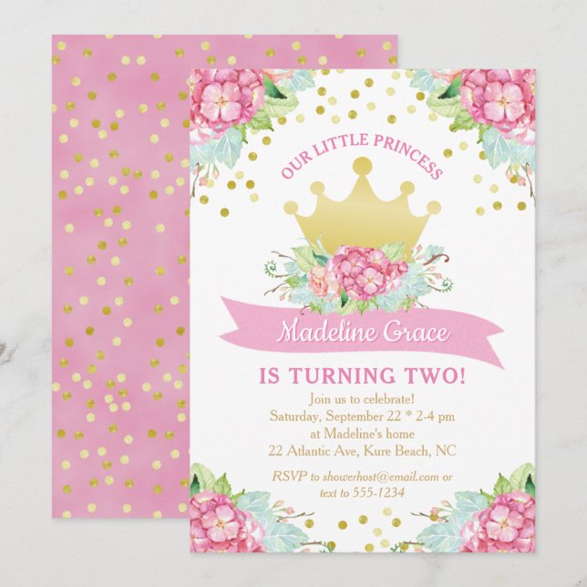 Invitation Royal Pink Gold Princess Anniversaire Floral (Devant / Derrière)