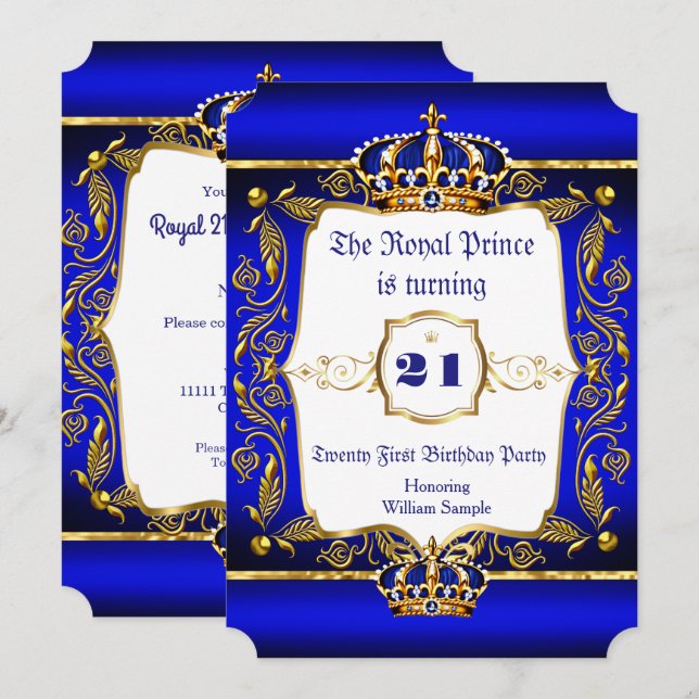 Invitation Royal Prince 21e anniversaire Blue Ornate Gold Cro (Devant / Derrière)
