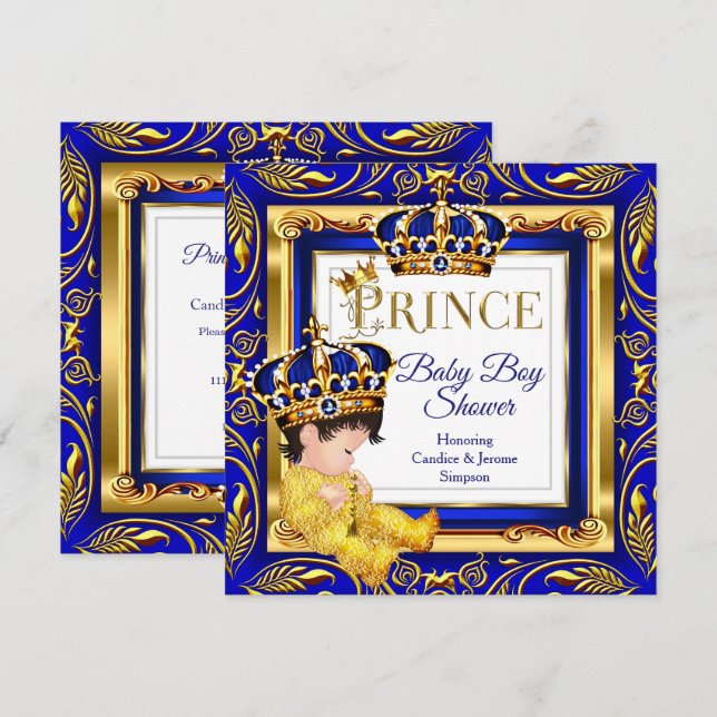 Invitation Royal Prince Baby shower Blue Gold Brunette (Devant / Derrière)
