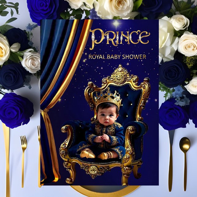 Invitation Royal Prince Baby shower Blue Gold Chaise (Créateur téléchargé)