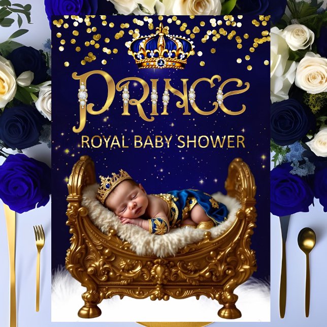 Invitation Royal Prince Baby Shower Blue Gold Crib Glitter (Créateur téléchargé)