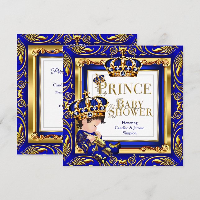 Invitation Royal Prince Baby shower Blue Gold Crown Brunette (Devant / Derrière)