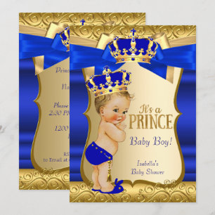 Invitation Royal Prince Baby shower Blue Gold Damask Blonde