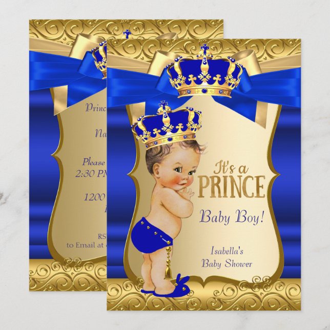 Invitation Royal Prince Baby shower Blue Gold Damask Brunette (Devant / Derrière)