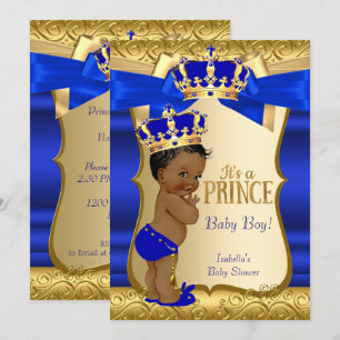 Invitation Royal Prince Baby shower Blue Gold Damask Ethnic