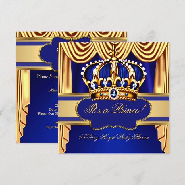 Invitation Royal Prince Baby shower Blue Gold Silk Drapes (Devant / Derrière)