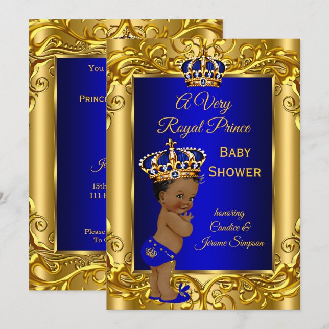 Invitation Royal Prince Baby shower Royal bleu or ethnique (Devant / Derrière)