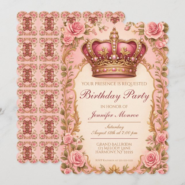 Invitation Royal Princess Birthday Party Crown Ornate (Devant / Derrière)