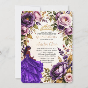 Invitation Royal Purple Blush Floral Princess Quinceanera 16