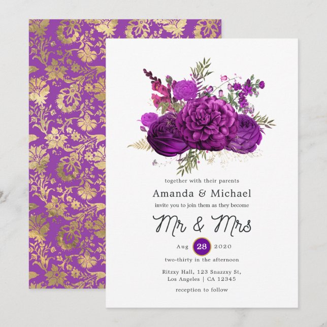 Invitation Royal Purple et Gold FlorMariage (Devant / Derrière)