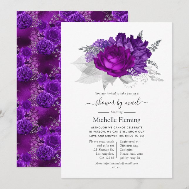 Invitation Royal Purple et Silver Floral Douche par courrier (Devant / Derrière)
