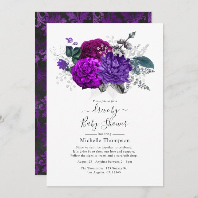 Invitation Royal Purple et Silver Floral Drive par douche (Devant / Derrière)