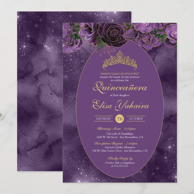 Invitation Royal Purple Gold Luxury Butterfly Quinceanera (Devant / Derrière)