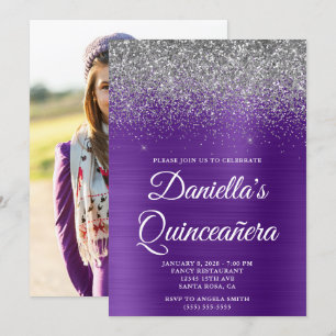 Invitation Royal Purple Pailleté Argent Photo Quinceañera