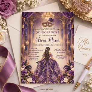 Invitation Royal Purple Plum Floral Masquerade Quinceañera 16
