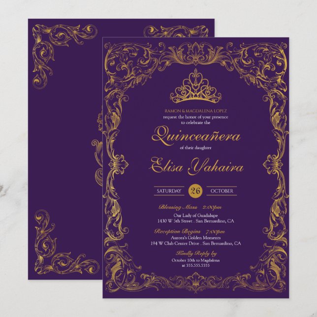 Invitation Royal Purple Regal Gold Tiara Princess Quinceanera (Devant / Derrière)
