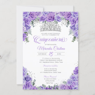 Invitation Royal Purple Roses & Argent Tiara Quinceanera