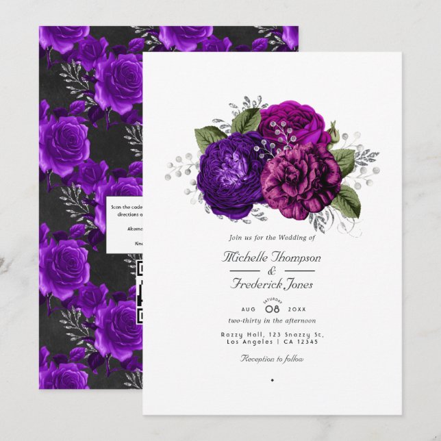 Invitation Royal Purple & Silver Floral QR Code RSVP Mariage (Devant / Derrière)