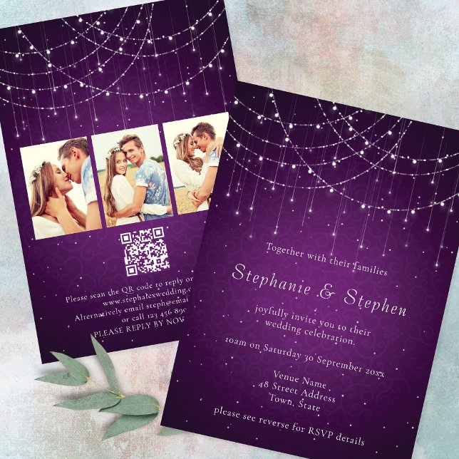 Invitation Royal Purple String Lights 3 Photo QR Code Mariage (Front and back view)