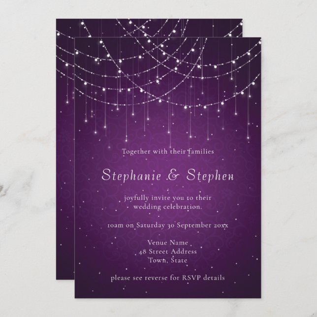 Invitation Royal Purple Swirl & String Lights QR Code Mariage (Devant / Derrière)