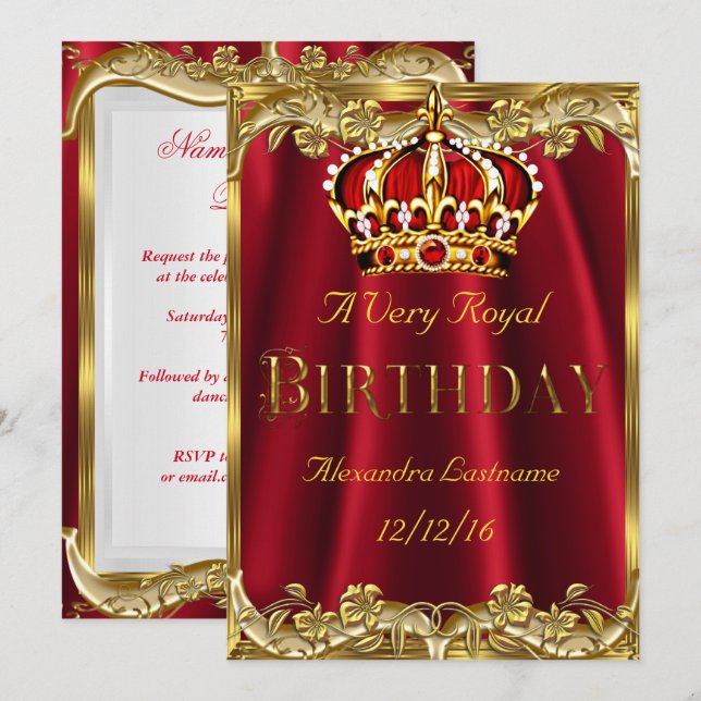 Invitation Royal Red fête d'anniversaire Gold Crown Invitatio (Devant / Derrière)