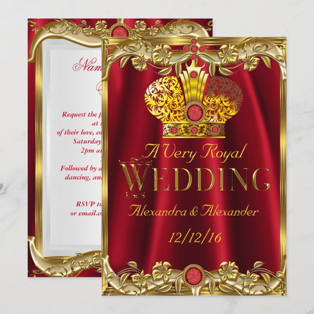 Invitation Royal Red Gems Mariage Gold Crown (Devant / Derrière)