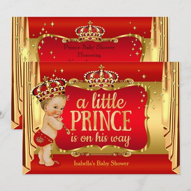 Invitation Royal Red Gold Boy Prince Baby shower Blonde (Devant / Derrière)