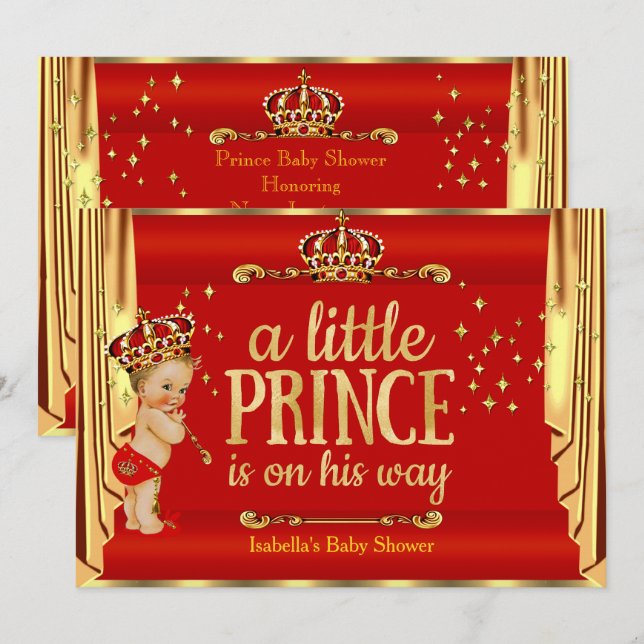 Invitation Royal Red Gold Drapes Prince Baby shower Blonde (Devant / Derrière)