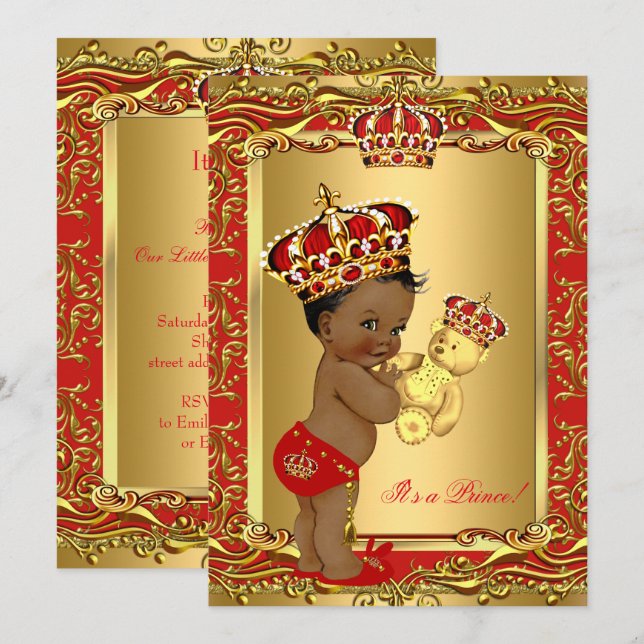 Invitation Royal Red Prince Baby shower de la Couronne Ours e (Devant / Derrière)