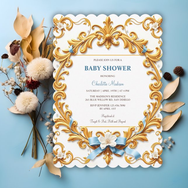 Invitation Royal Rococo Blue Gold Floral Boy Baby shower (Royal Rococo Blue Gold Floral Boy Baby Shower Invitation)