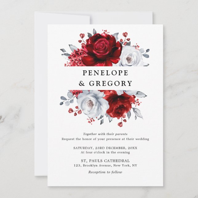 Invitation Royal Rouge Blanc argent métal Mariage floral (Devant)