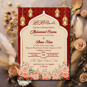 Invitation Royal Rouge et or Floral Mariage musulman islamiqu