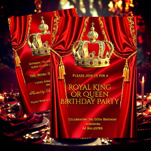 Invitation Royal Rouge Or Roi Reine Couronne Fête d'anniversa