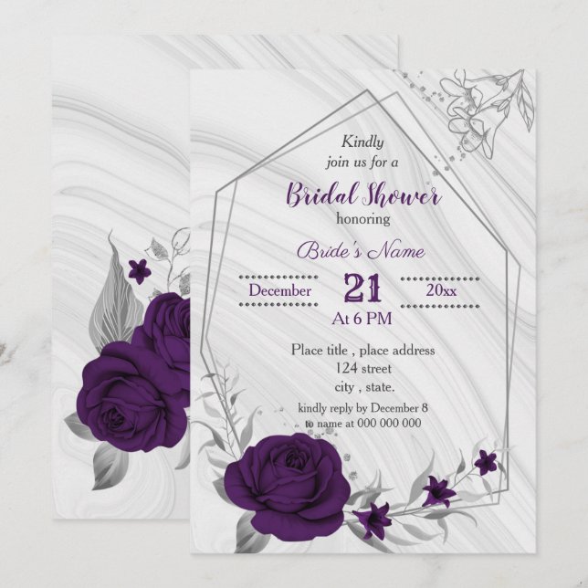 Invitation royal violet argent floral géométrique douche nupt (Devant / Derrière)